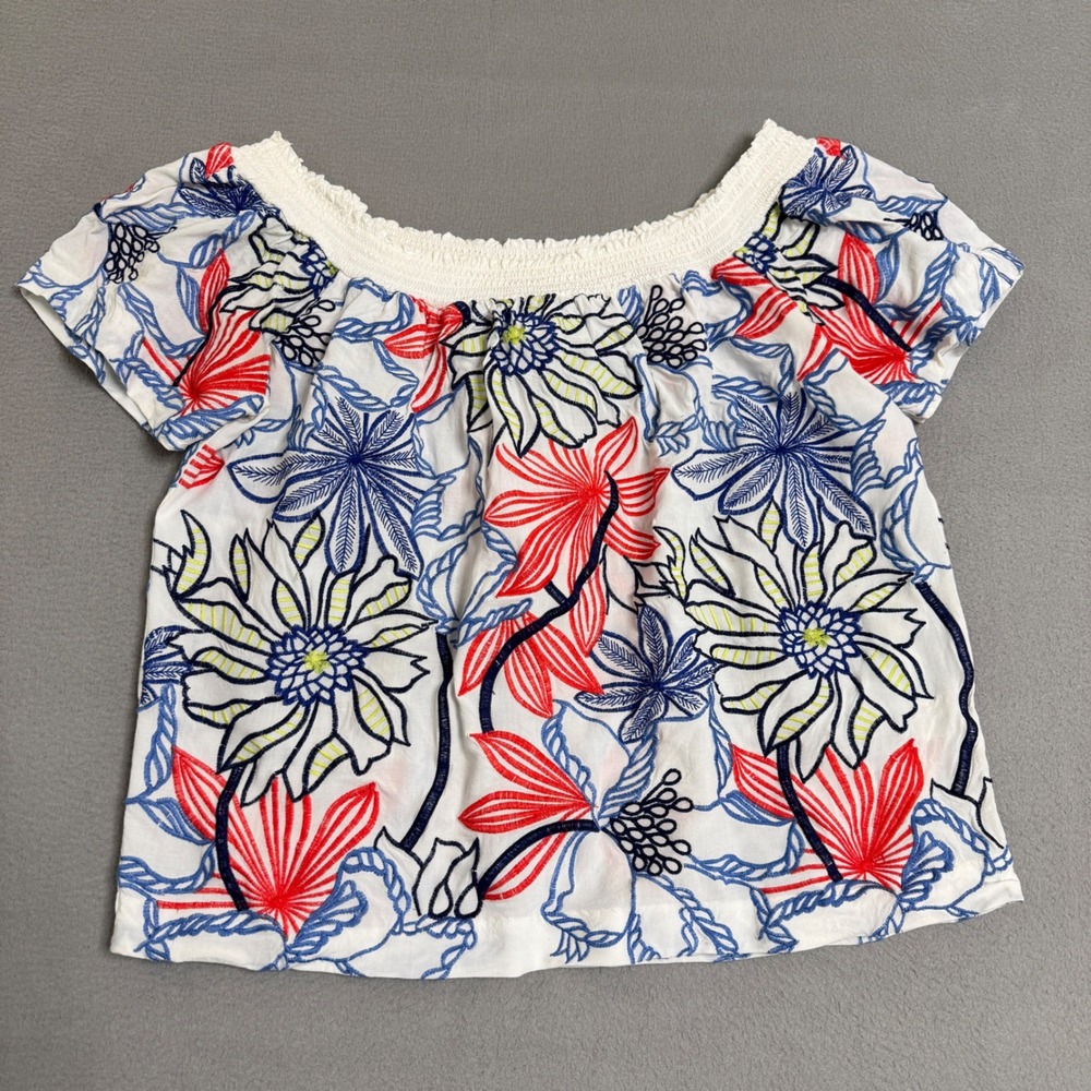 Skies Are Blue Top Womens M White Embroidered Off Shoulder Floral Rayon Boho